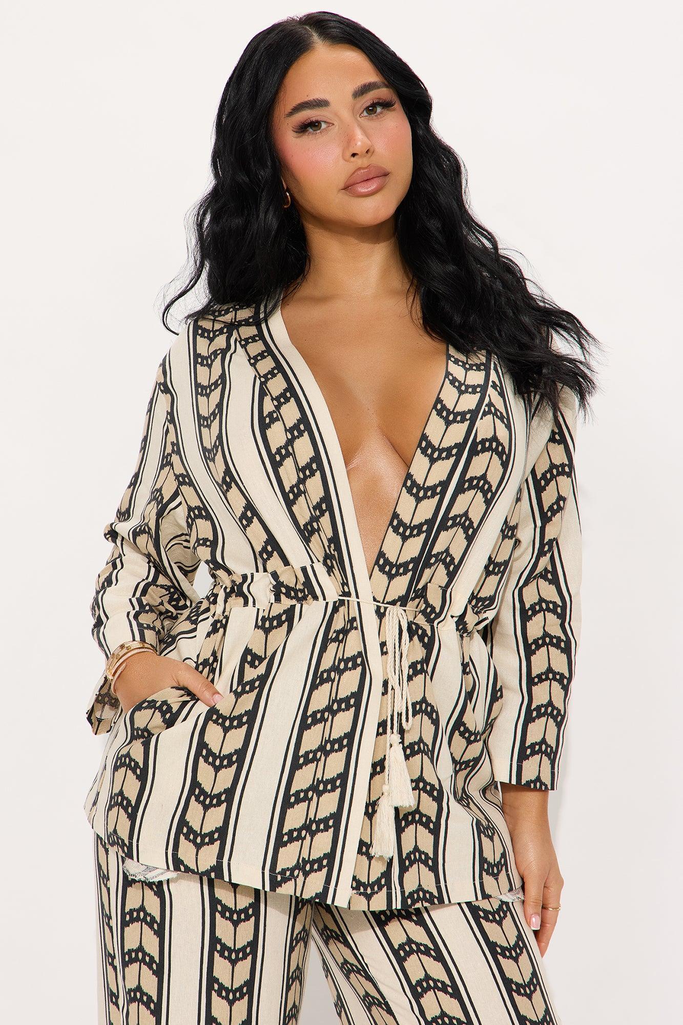 Boho Beach Linen Pant Set - Taupe/combo Product Image