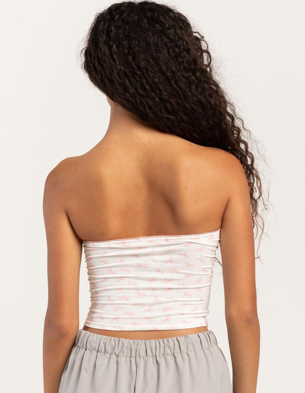 FULL TILT Bow Print Womens Cinch Tube Top - PNK/WHT Product Image