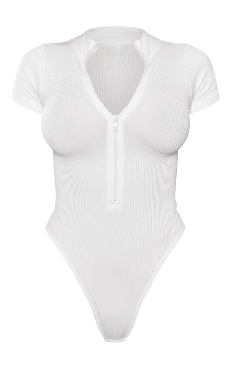 White Structured Snatched Ribbed Zip Front Short Sleeve Bodysuit Product Image