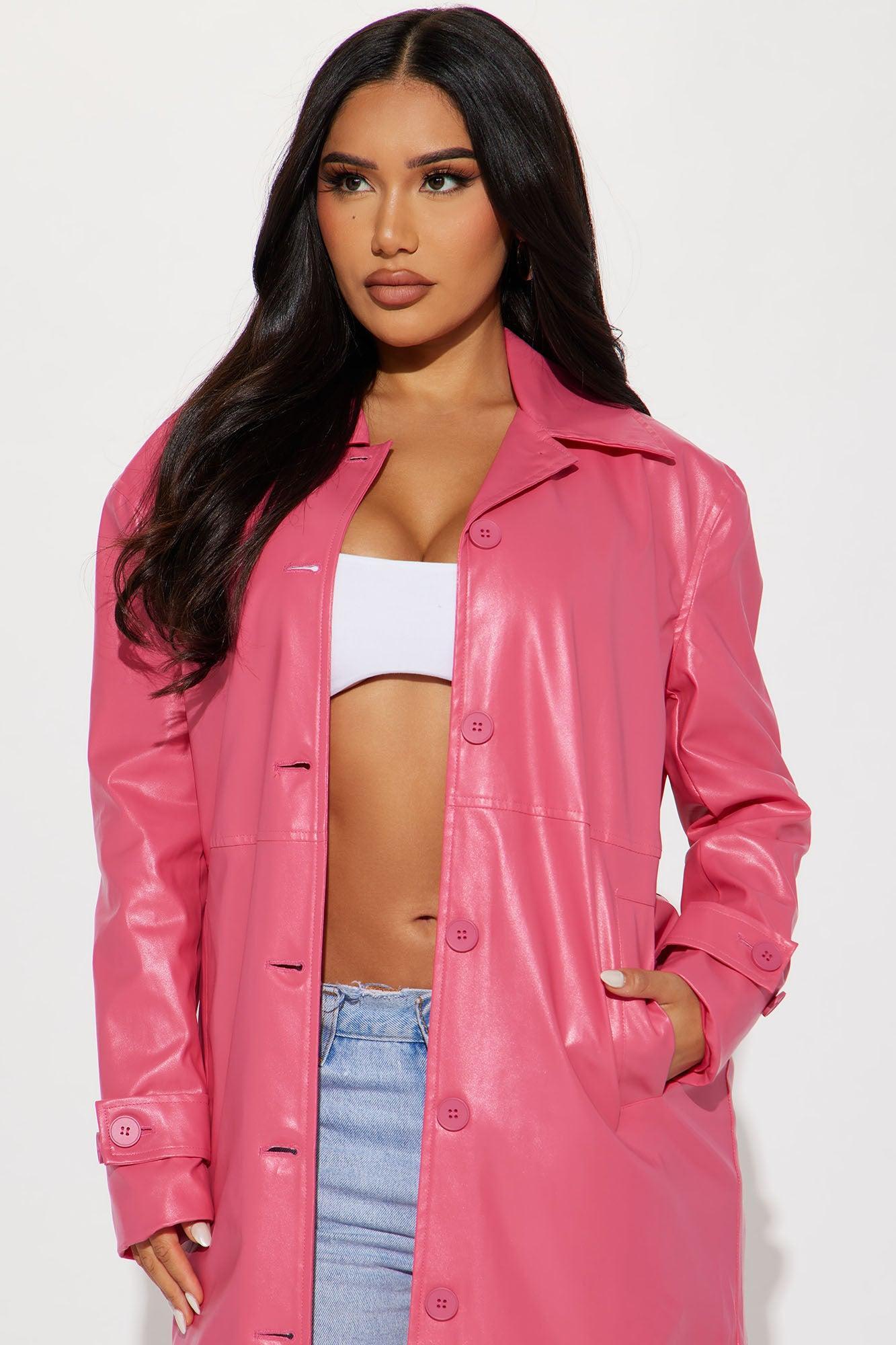 Gimme A Clue Faux Leather Trench Coat - Fuchsia Product Image