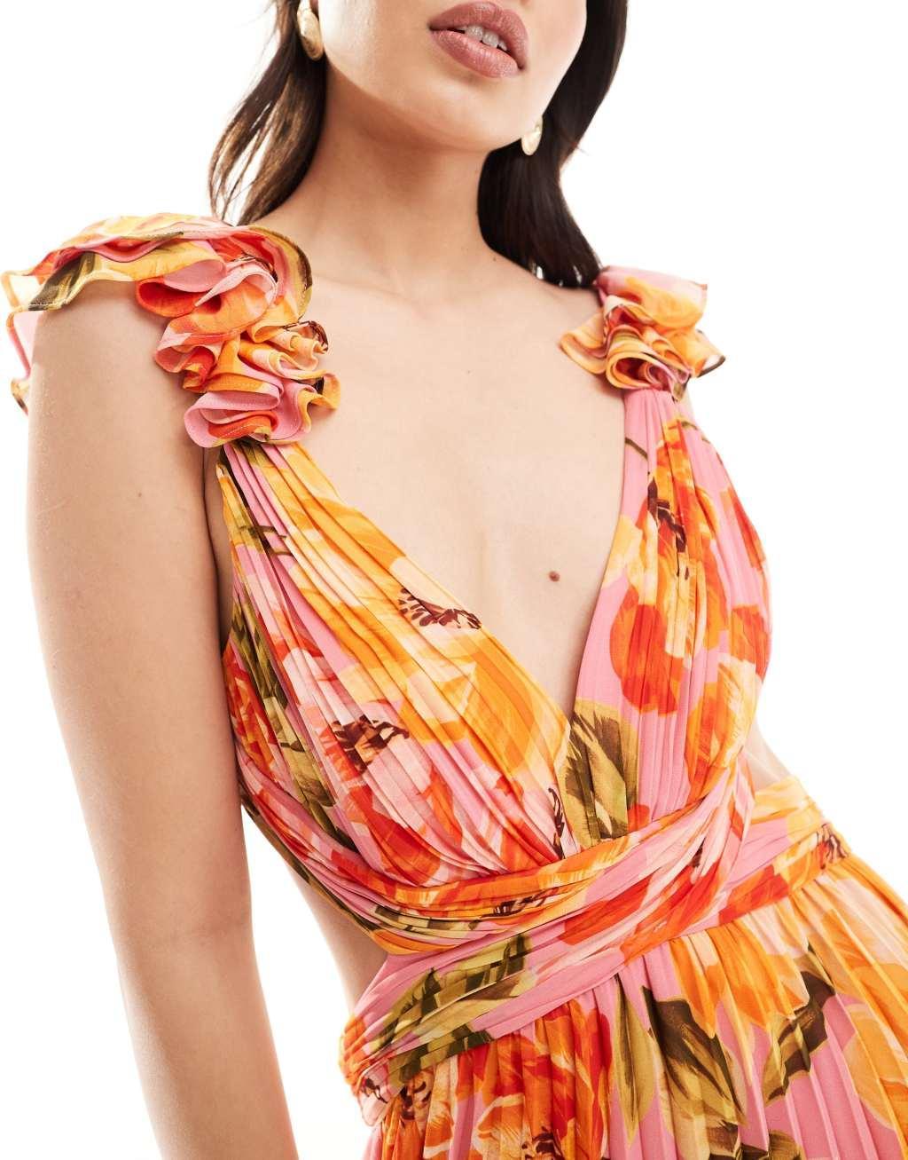 Ever New cut-out plisse maxi dress in orange and pink floral Product Image