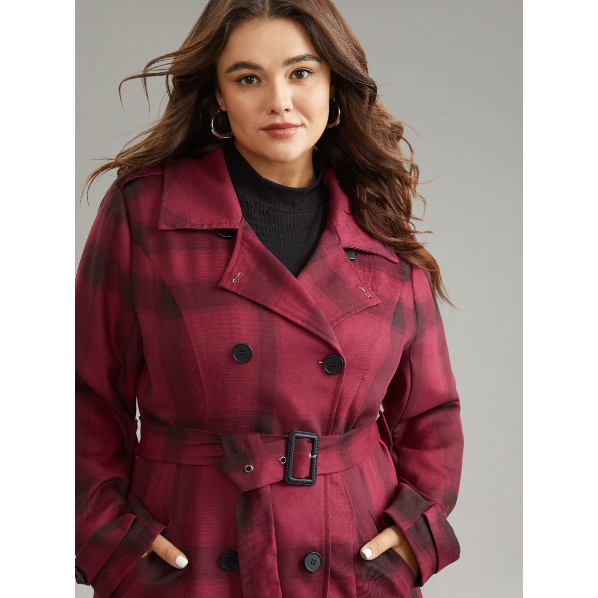 Plus Size Lapel Collar Plaid Belted Double Breasted Coat Women Scarlet Elegant Lined Ladies Dailywear Winter Coats BloomChic 10/M Product Image