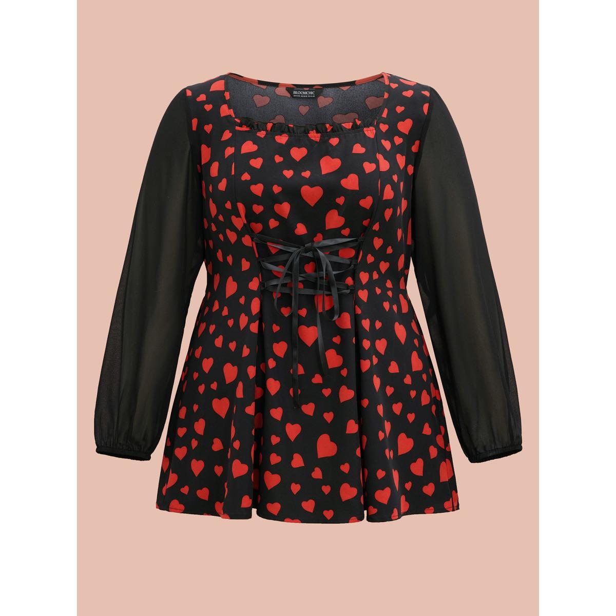 Plus Size Black Heart Print Patchwork Waist-Tie Blouse Women Romantic Extra Long Sleeve Square Neck Elegant Blouses BloomChic 14-16/1X Product Image