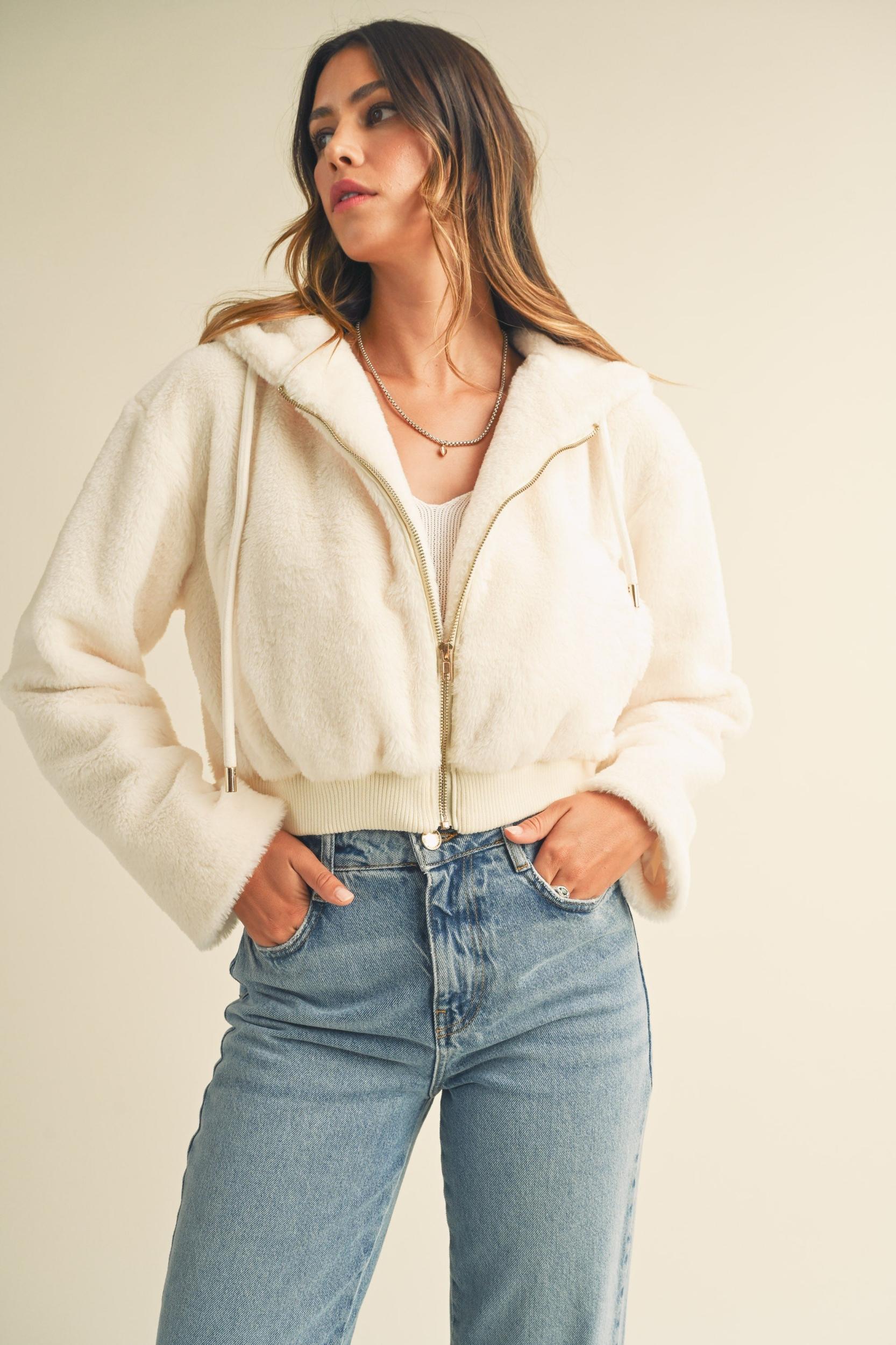 Faux Fur Hoodie Crop Jacket Product Image