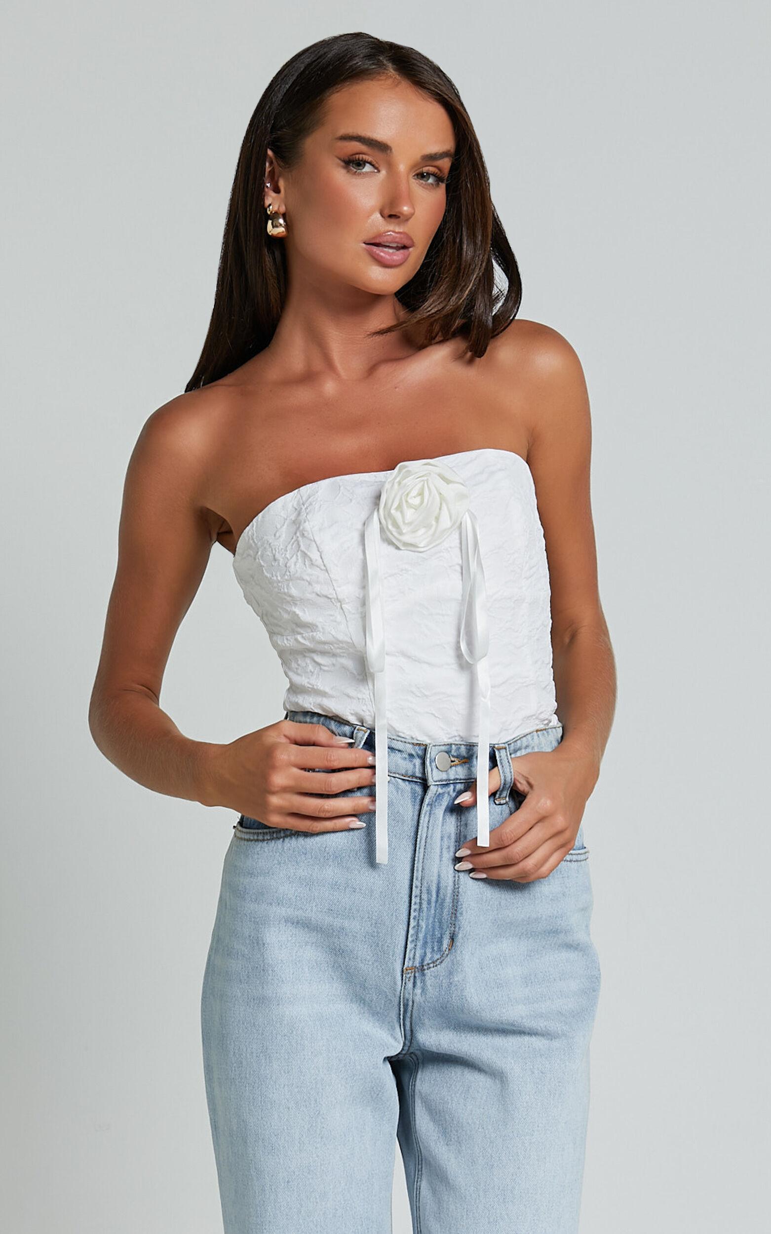 Brooke Top - Strapless Jacquard Detachable Rosette Top in White Product Image