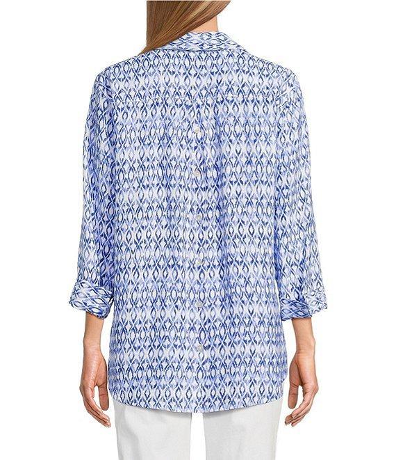 John Mark Allover Ikat Print Point Collar 3/4 Sleeve Hi-Low Hem Button Front Shirt Product Image