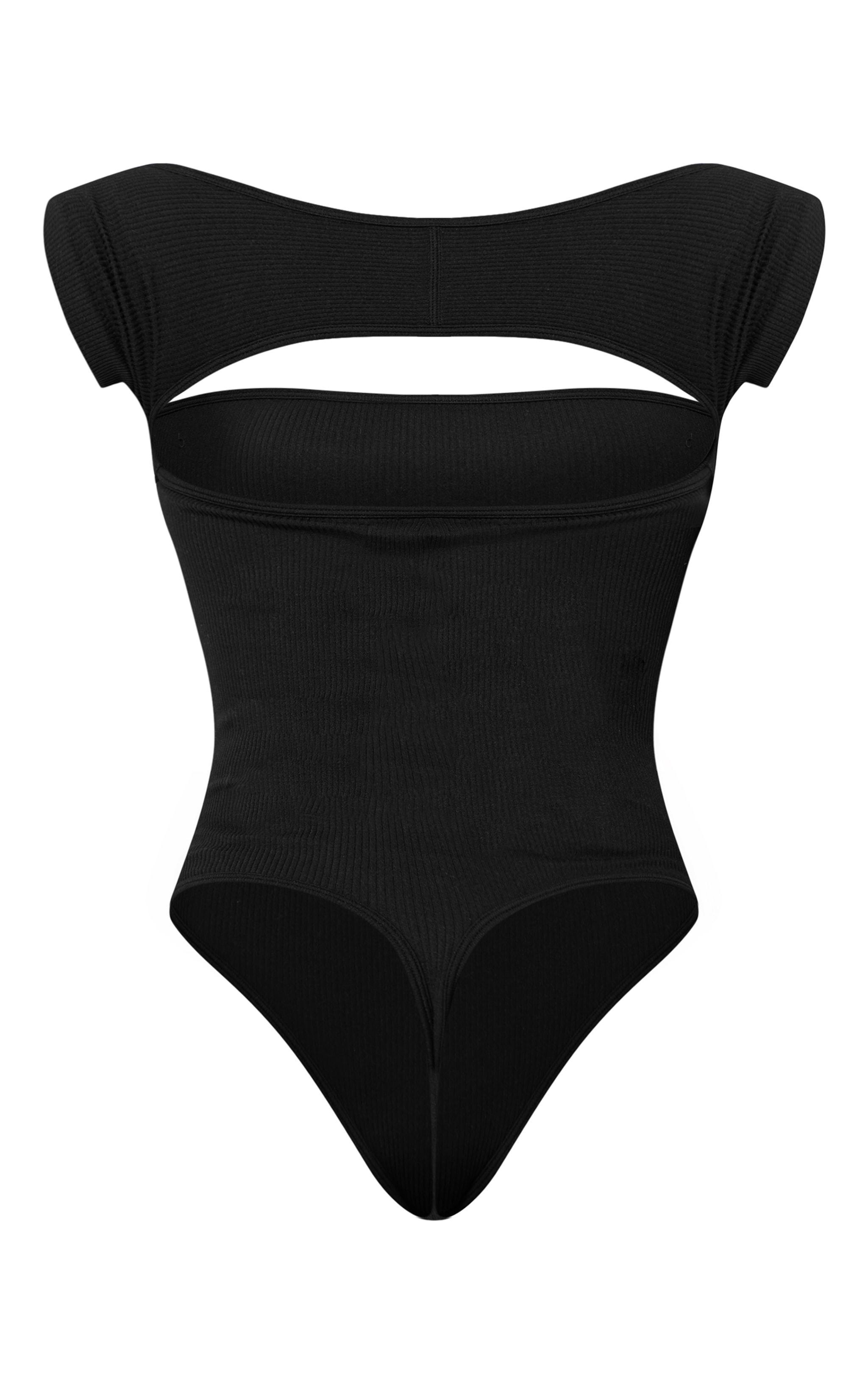 Black Snatched Rib Cut Out Short Sleeve Bodysuit Product Image