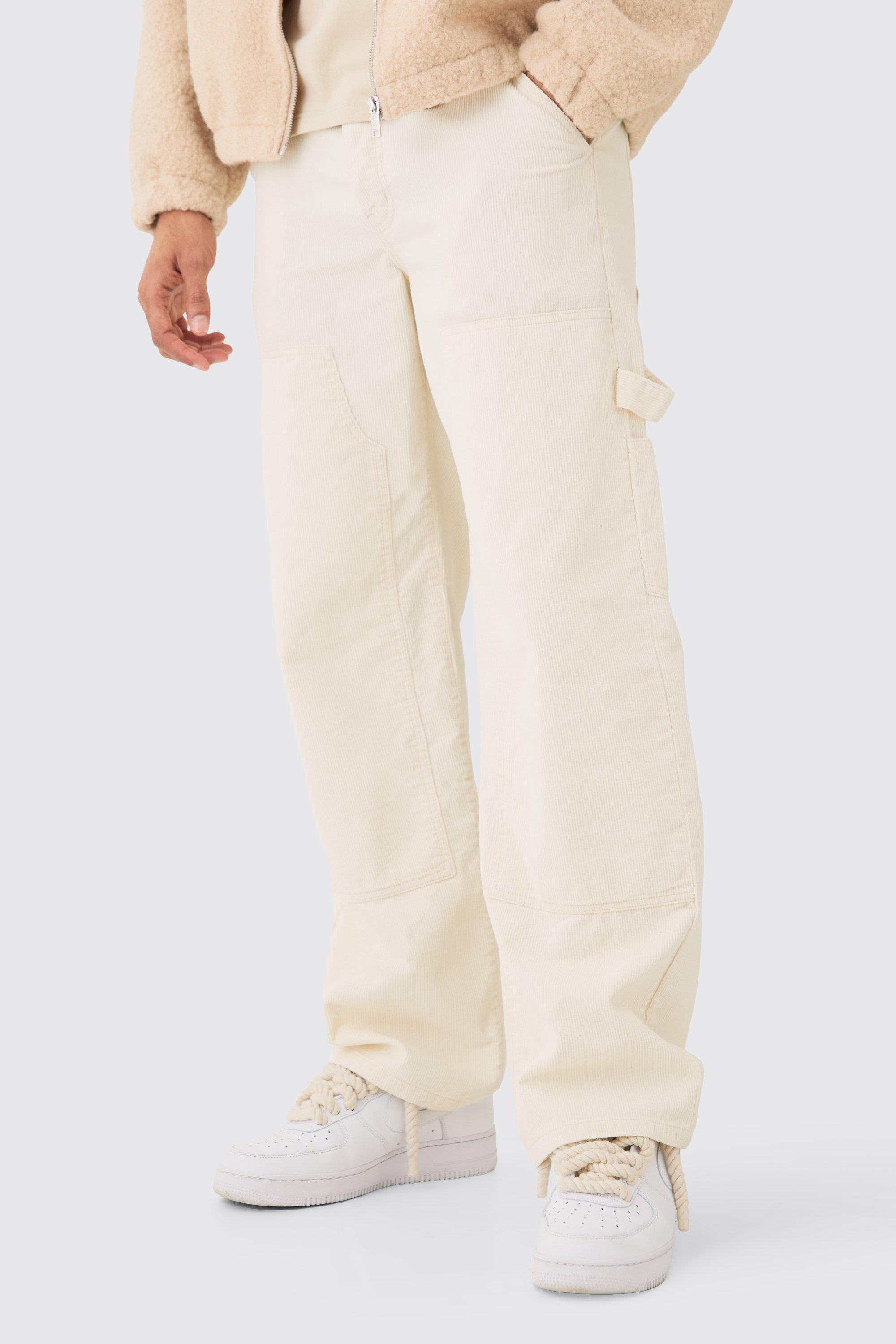 Mens Beige Baggy Carpenter Acid Wash Cord Trouser In Sand, Beige Product Image