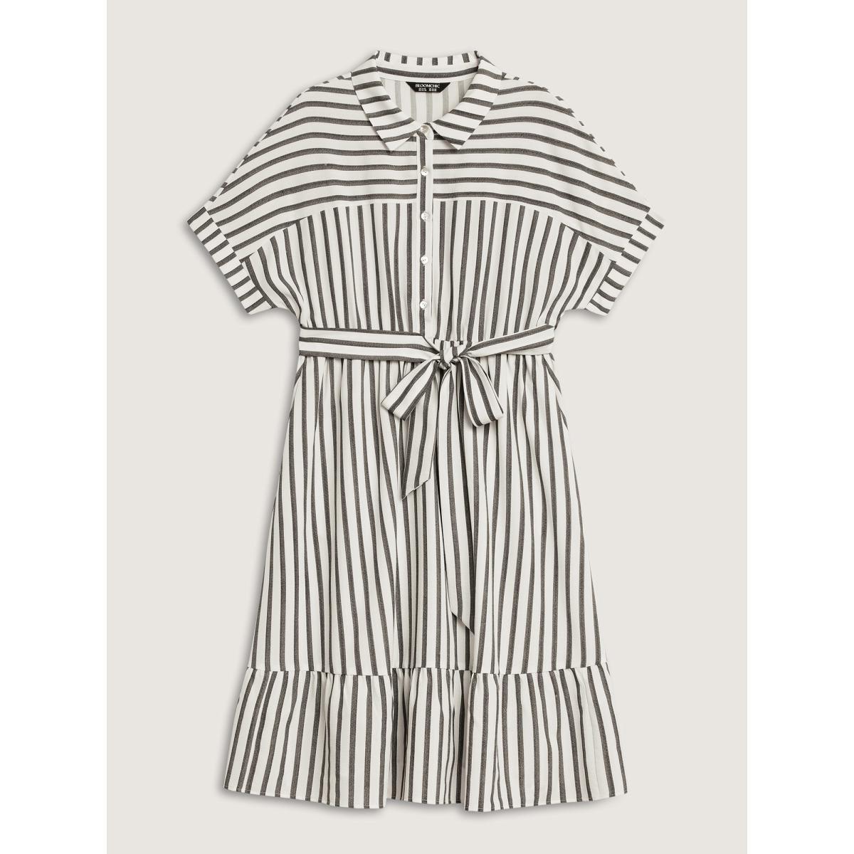 Plus Size Striped Belted Cinched Button Placket Midi Dress Black Women Belted Shirt collar Short sleeve Curvy BloomChic 26/4X Product Image