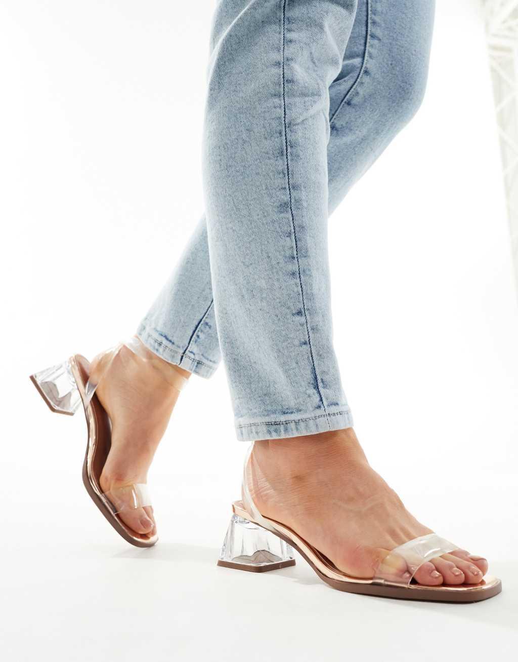 ASOS DESIGN Wide Fit Hopeful block heeled sandals in clear and rose gold Product Image