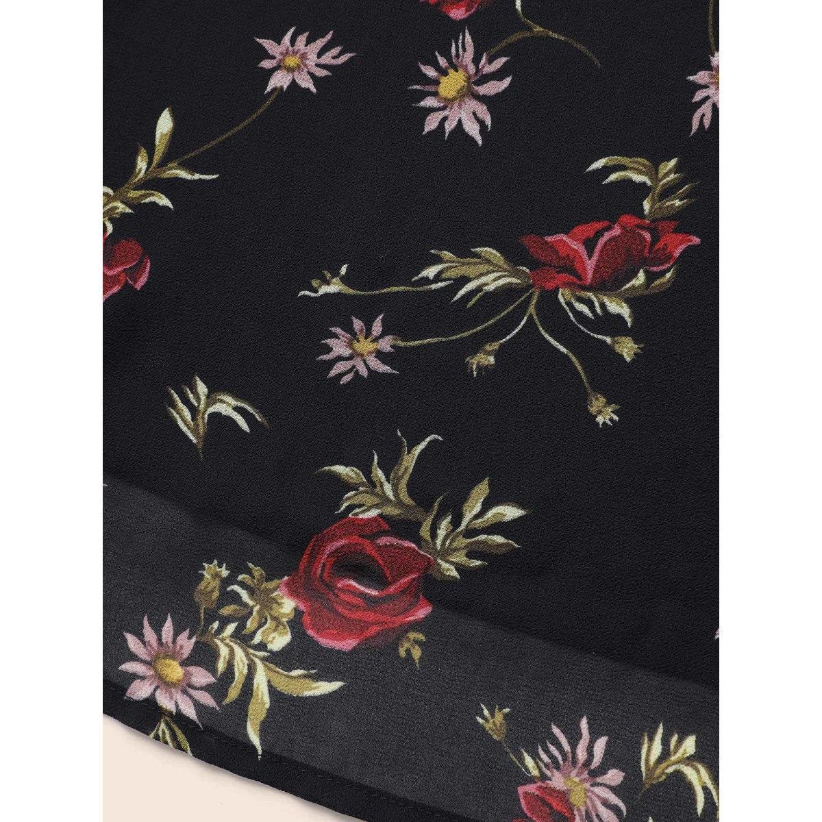 Plus Size Floral Notched Chiffon Mesh Midi Dress Black Women Timeless See through Notched collar Short sleeve Curvy BloomChic 28/5X Product Image