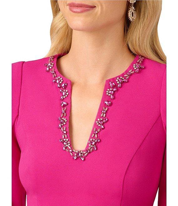 Adrianna Papell Solid Crepe Jewel Embellished Split V-Neck Long Sleeve Sheath Dress Product Image