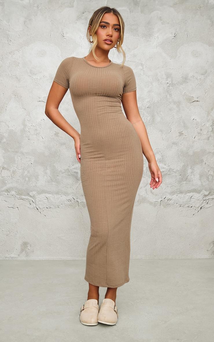 Taupe Rib Cap Sleeve Midaxi Dress Product Image