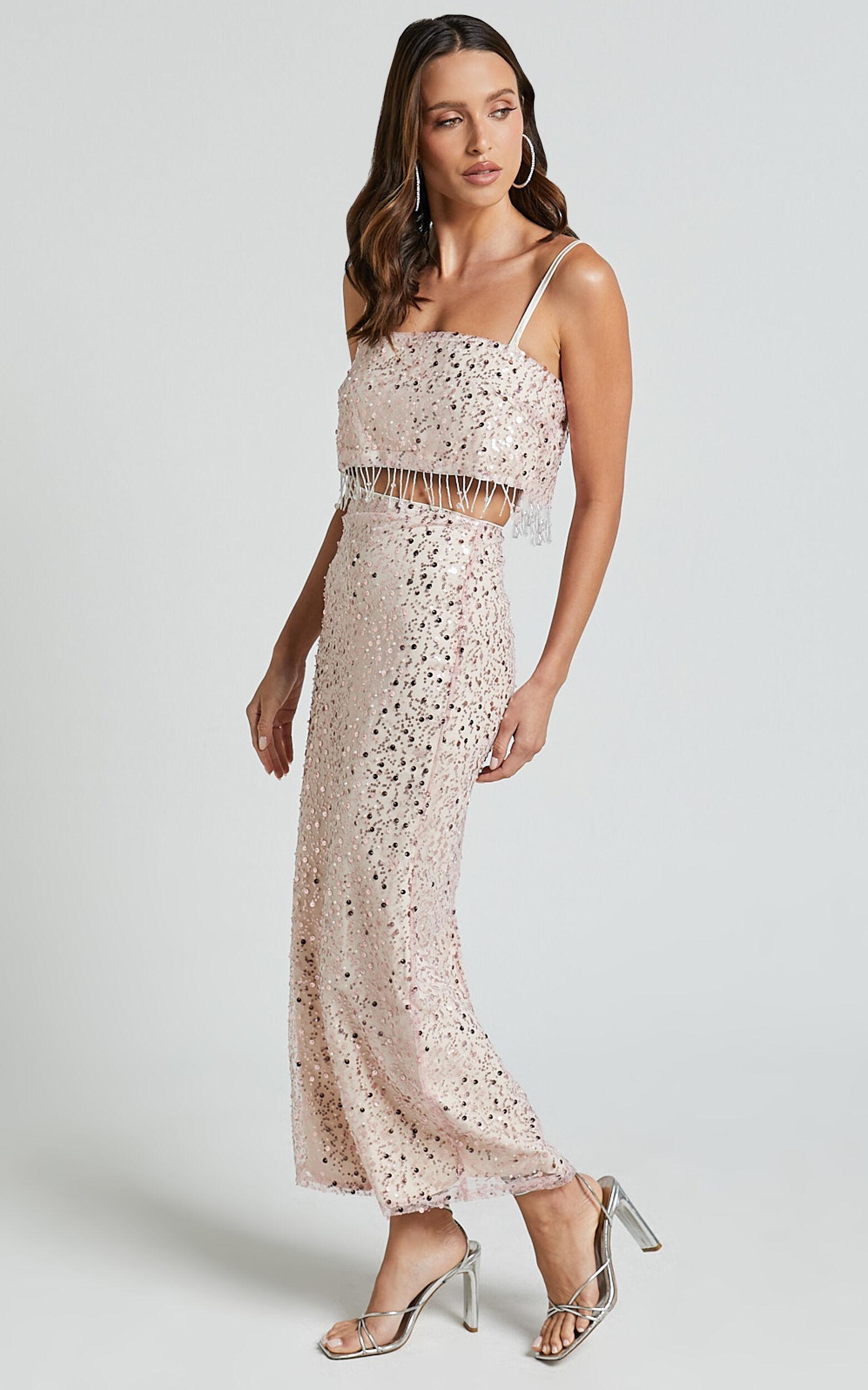 Anna Two Piece Set - Tassel Crop Top and Midi Skirt Sequin Set in Pale Pink Product Image