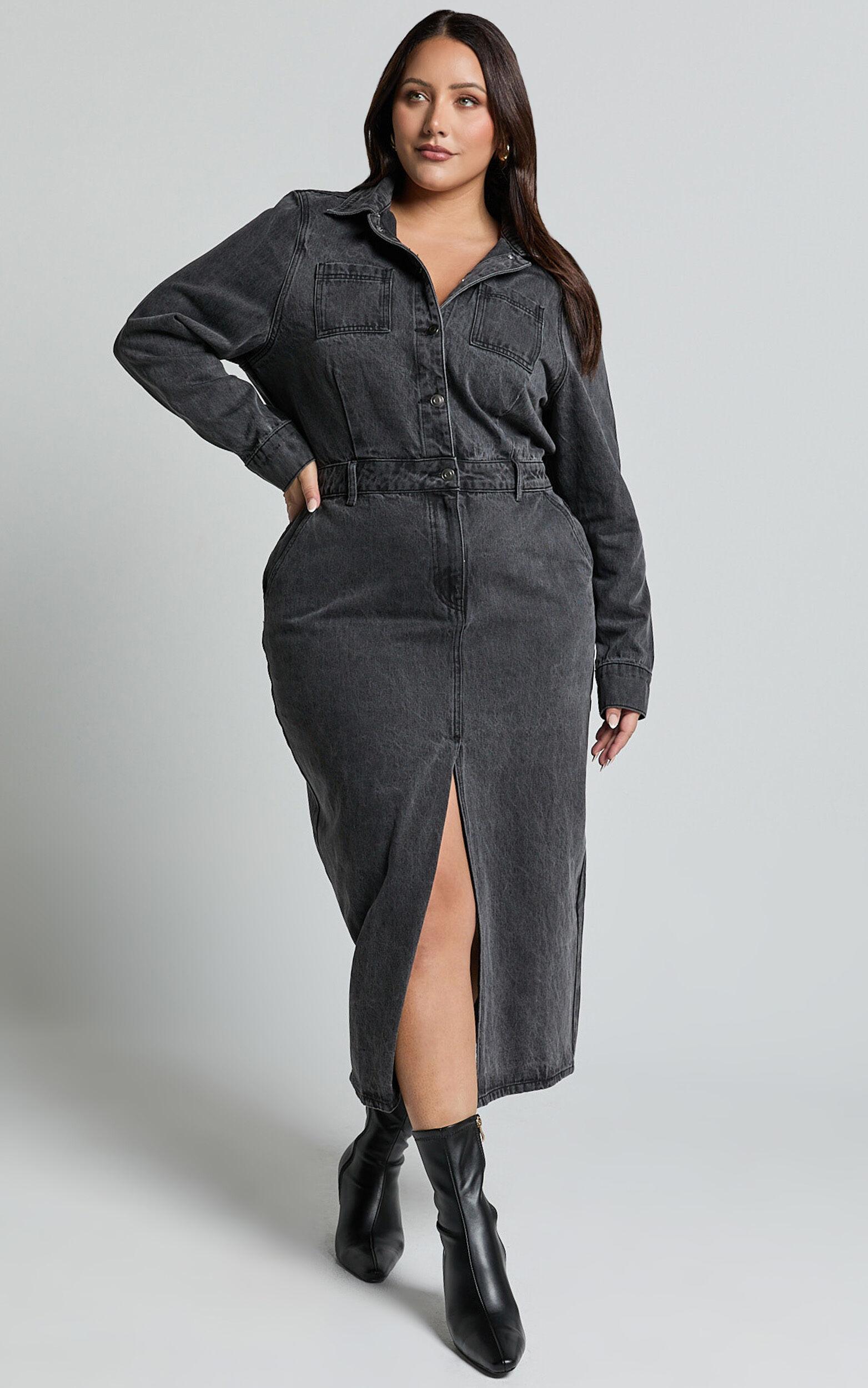 Alison Midi Dress - Long Sleeve Front Split Denim Dress in Washed Black Product Image