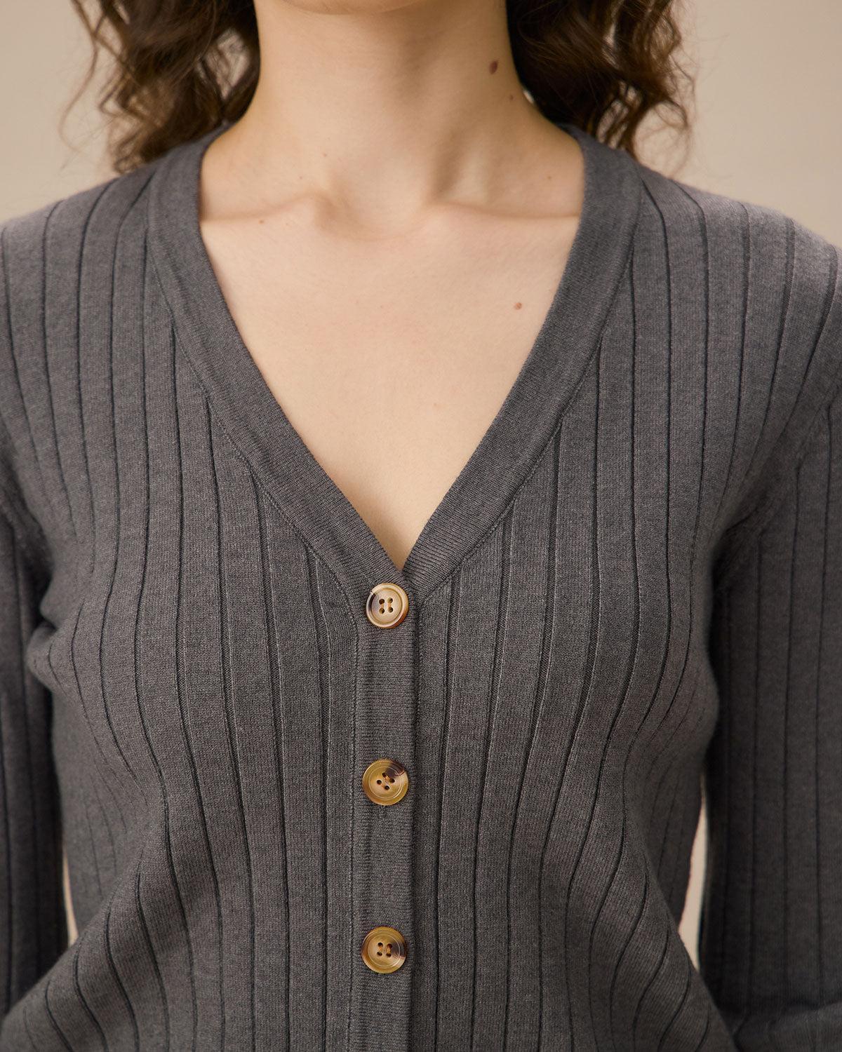 Grey V-Neck Single-breasted Cardigan Product Image