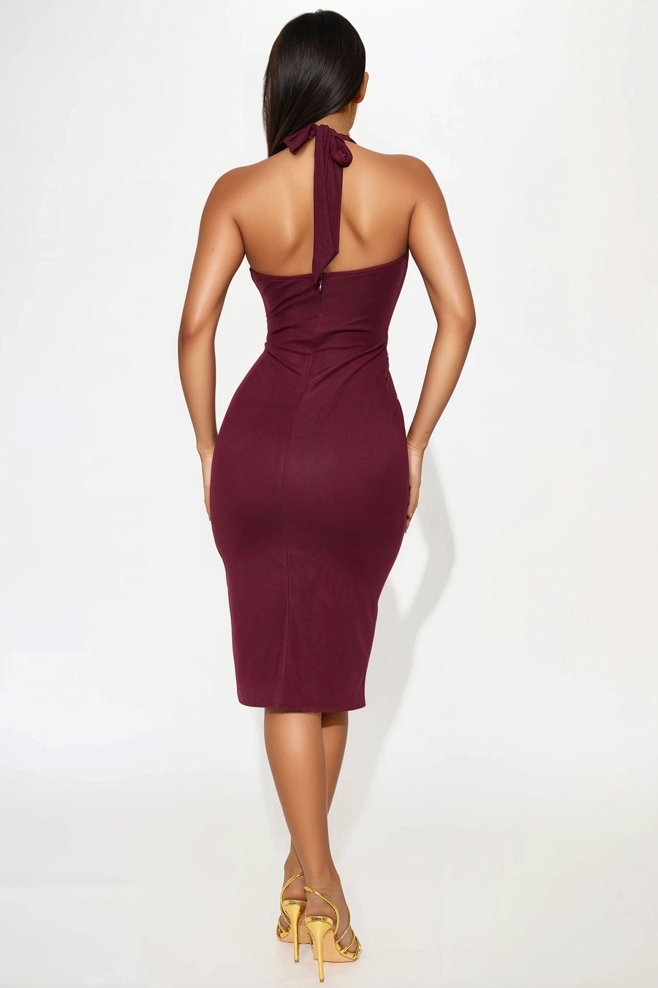 One Night Only Mesh Halter Midi Dress - Wine Product Image