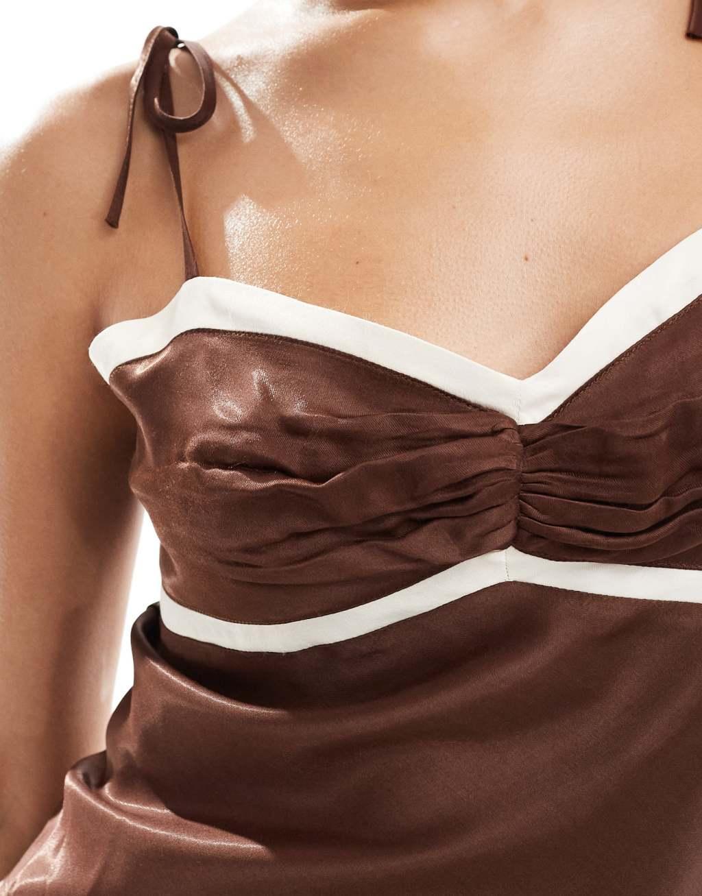 ASOS DESIGN satin contrast bust cup cami top in chocolate Product Image