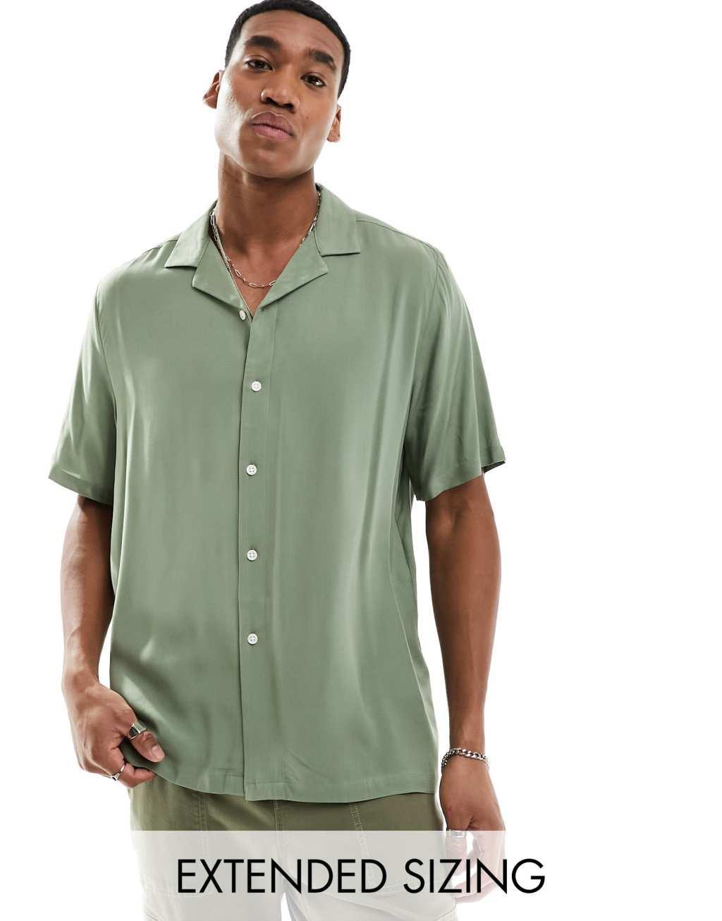 ASOS DESIGN relaxed fit viscose shirt with revere collar in khaki Product Image