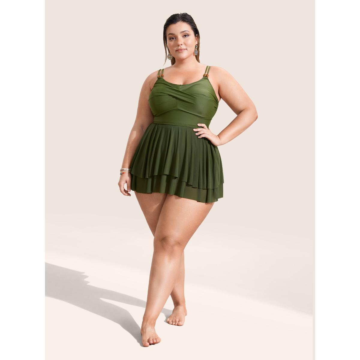 Plus Size Solid Twist Front Tiered Hem Swim Dress Women's Swimwear ArmyGreen Beach Bodycon U-neck High stretch Curve Swim Dresses BloomChic 28/5X Product Image