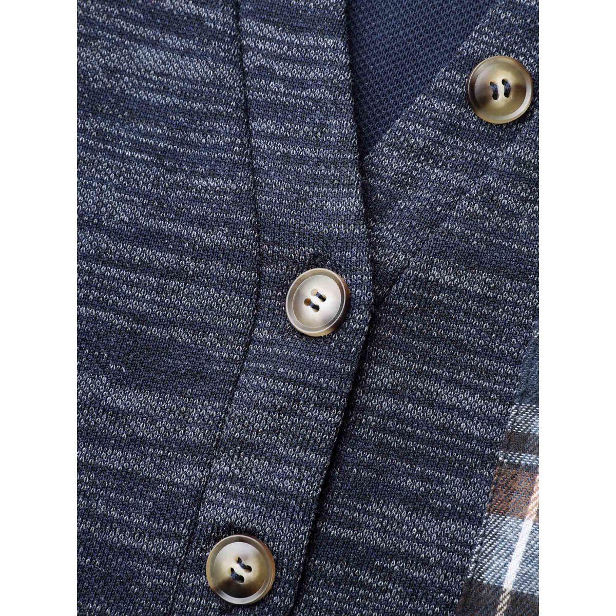 Plus Size Plaid Sleeve Button Up Patchwork Sweatshirt Women Indigo Leisure Contrast Notched collar Casual Sweatshirts BloomChic 18-20/2X Product Image