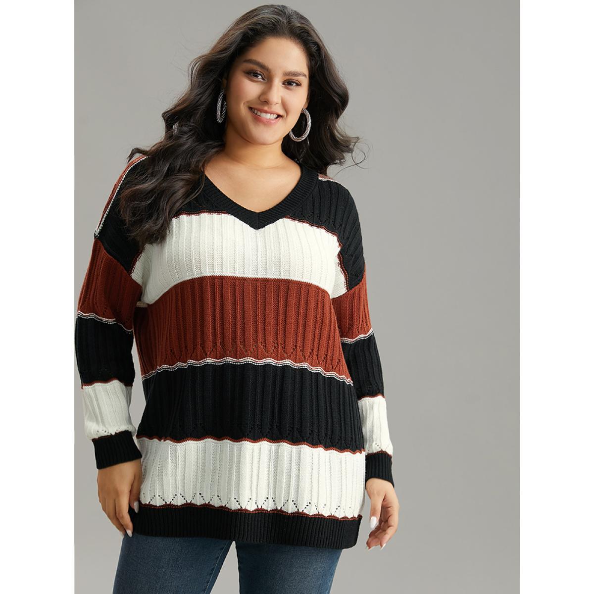 Plus Size Colorblock Contrast Hollow Out Drop Shoulder Pullover Multicolor Women Casual Loose Long Sleeve V-neck Dailywear Pullovers BloomChic 26/4X Product Image