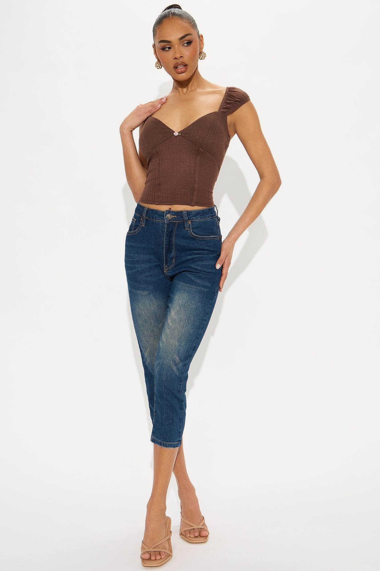 Pia Short Sleeve Pointelle Top - Brown Product Image