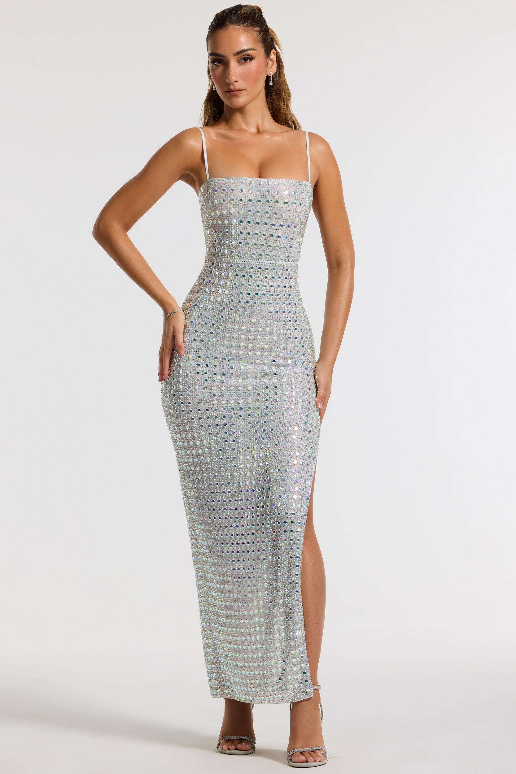 Embellished Square Neck Evening Gown in Silver Product Image