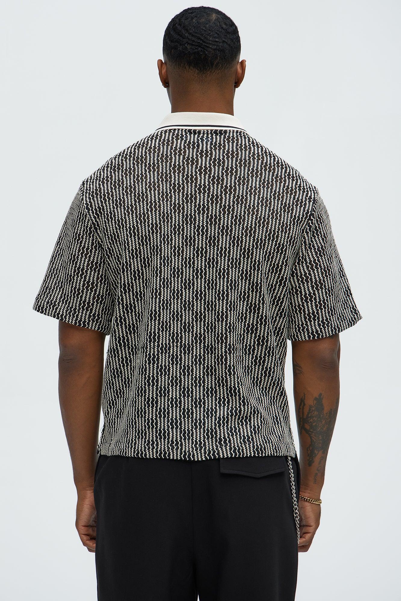 Zigzag Open Knit Crochet Cuban Shirt - Black/combo Product Image