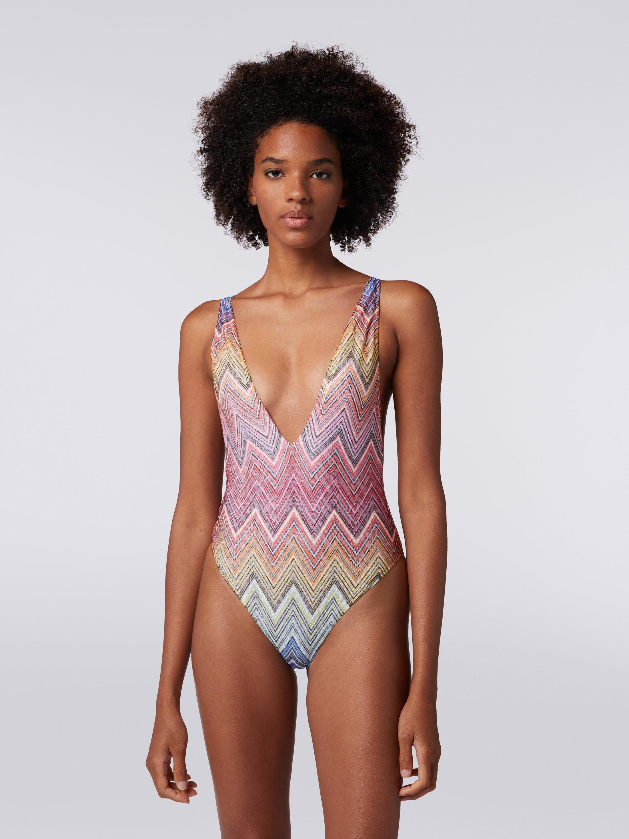 One-piece swimming costume in zigzag print fabric Product Image