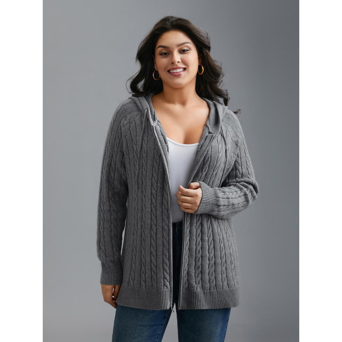 Plus Size Cable Knit Hooded Zipper Cardigan DimGray Women Leisure Loose Long Sleeve Casual Cardigans BloomChic 22-24/3X Product Image
