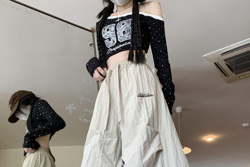 Drawstring Waist Letter Embroidered Harem Pants Product Image