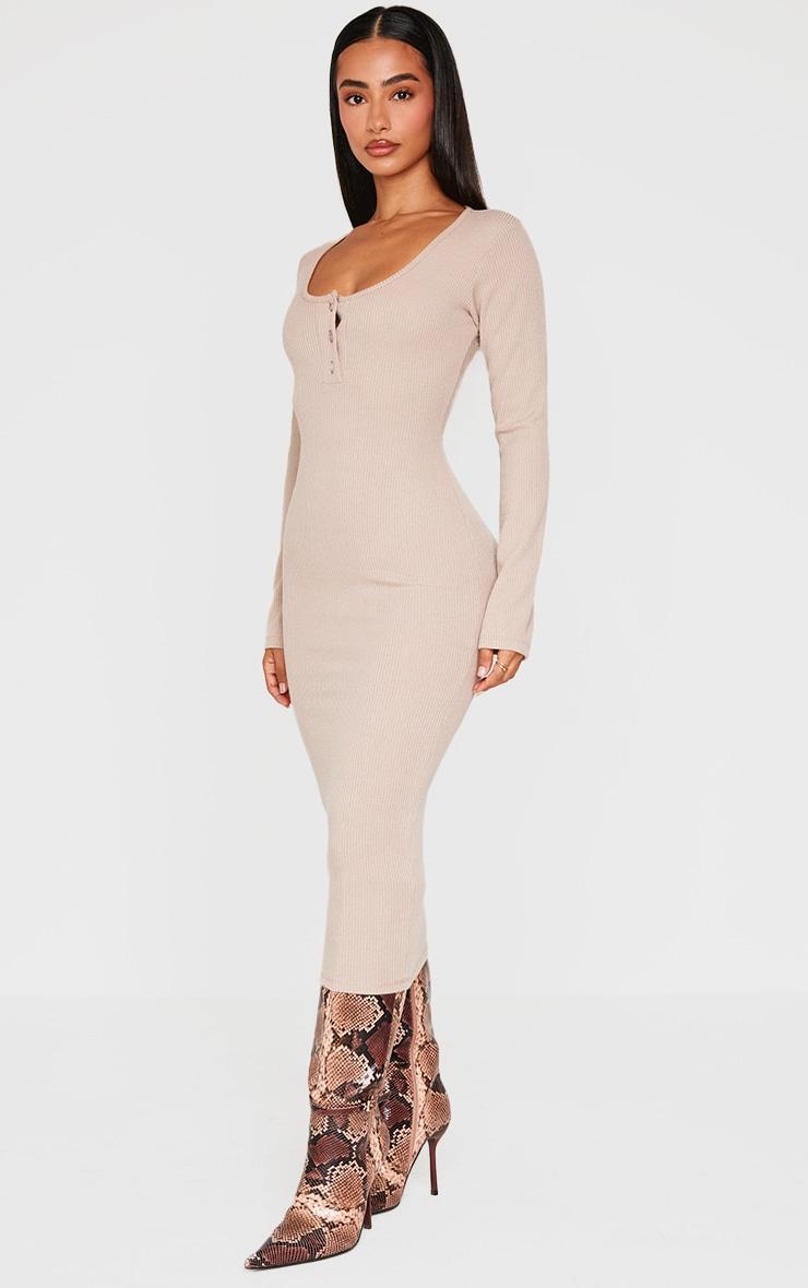 Petite Taupe Long Sleeve Brushed Rib Button Detail Midi Dress Product Image