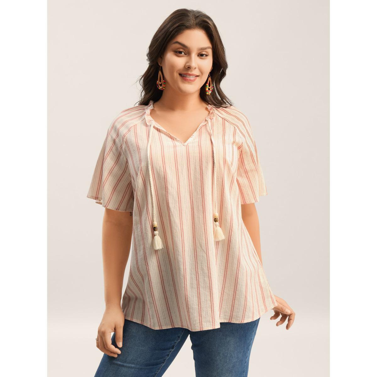 Plus Size Salmon Cotton Stripes Print Neck Tassels Flowy Blouse Women Short sleeve Notched collar Vacation Blouses BloomChic 22-24/3X Product Image