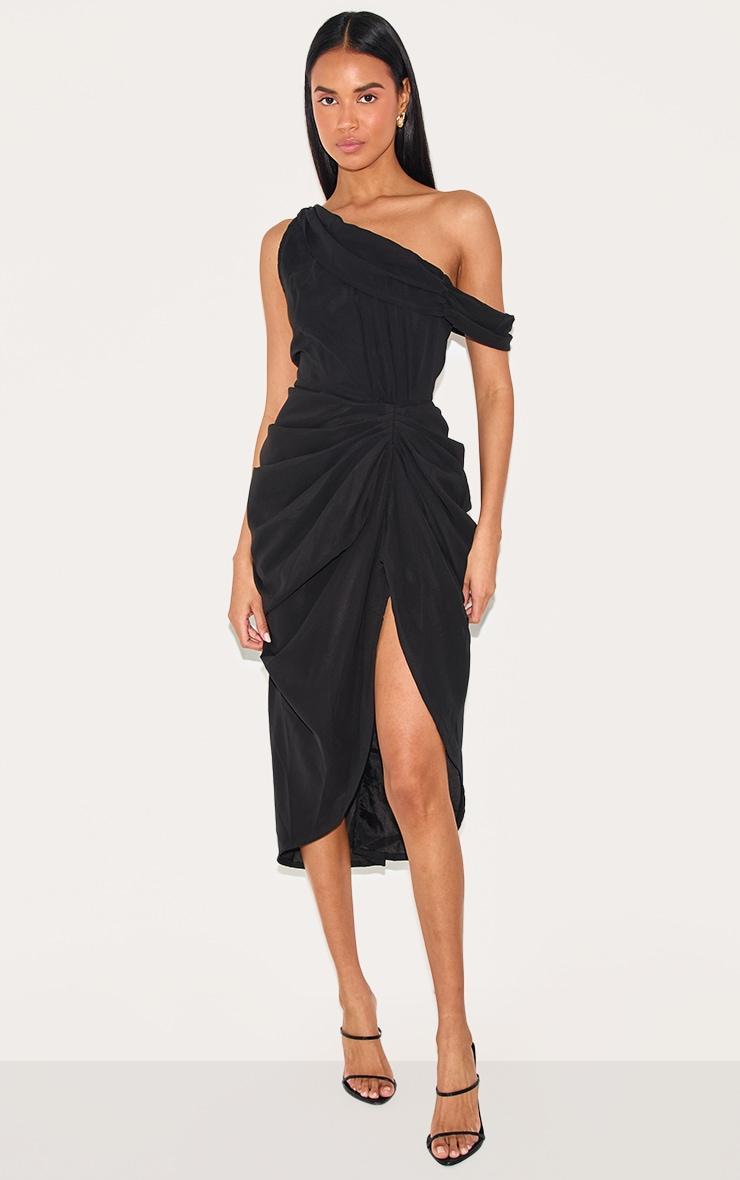 Black Chiffon Asymmetric Strap Draped Midi Dress Product Image