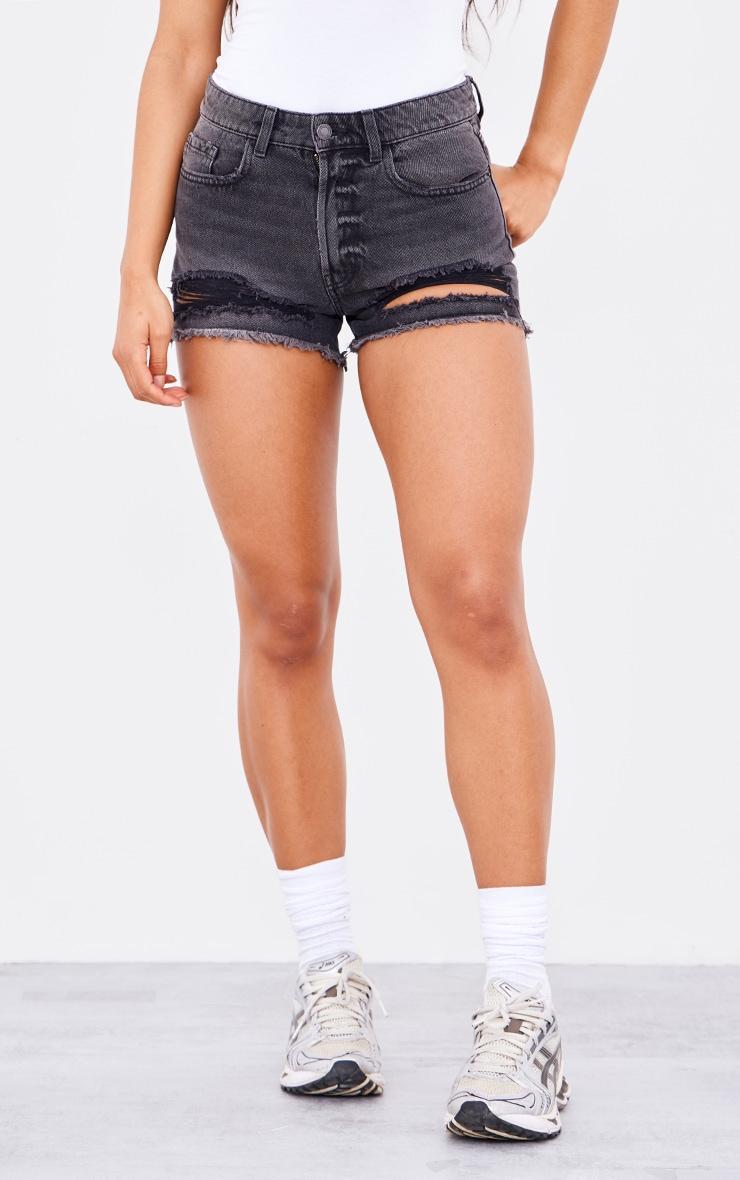 PRETTYLITTLETHING Washed Black Distressed Mid Rise Basic Denim Shorts Product Image