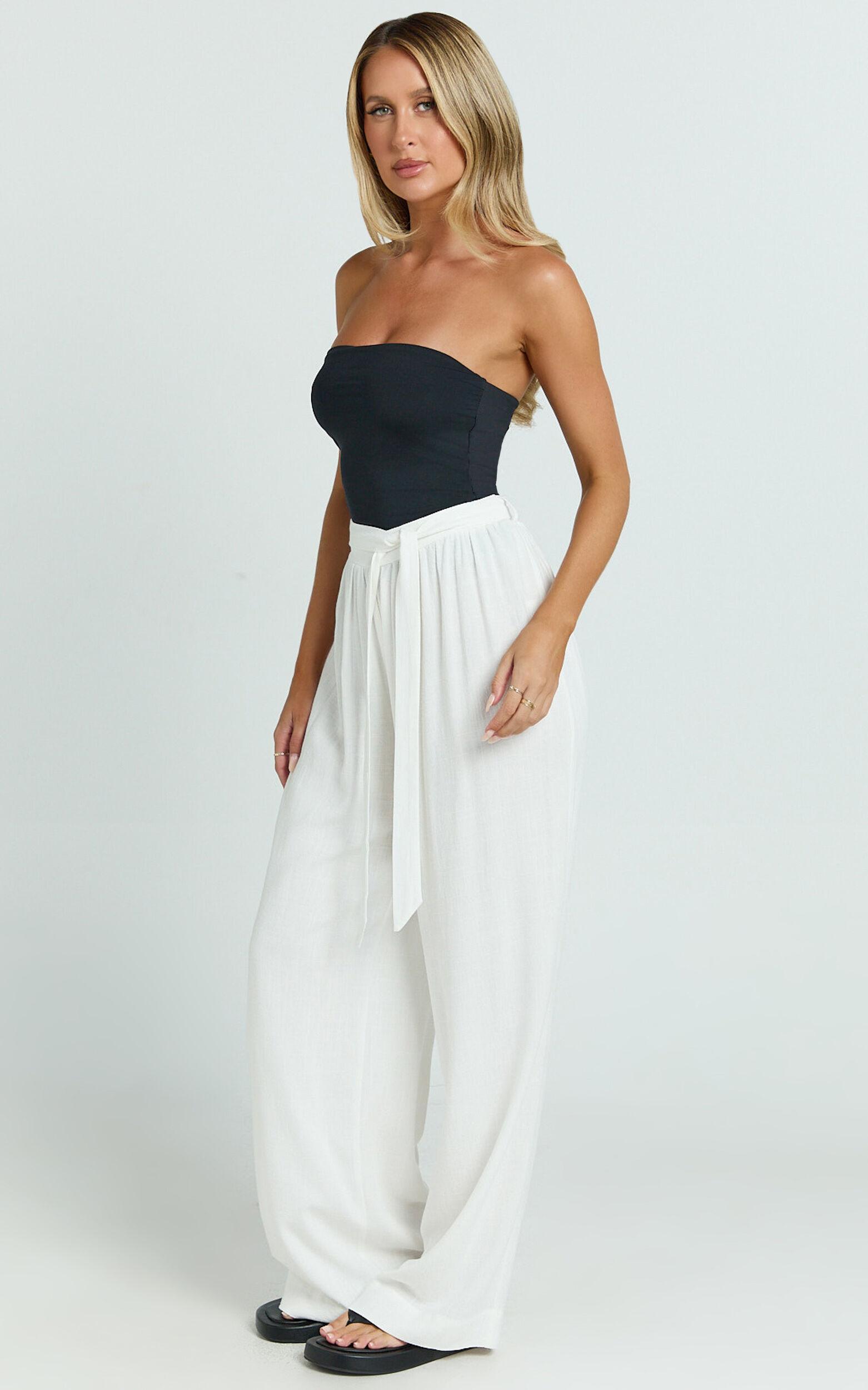 Kalli Pants - Linen Look Belted Wide Leg Relaxed Pants in White Product Image