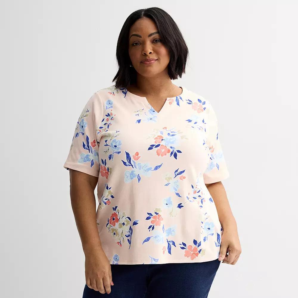 Plus Size Croft & Barrow® Elbow Sleeve Split Neck Top, Women's, Size: 3XL, Pink Floral Wash Product Image