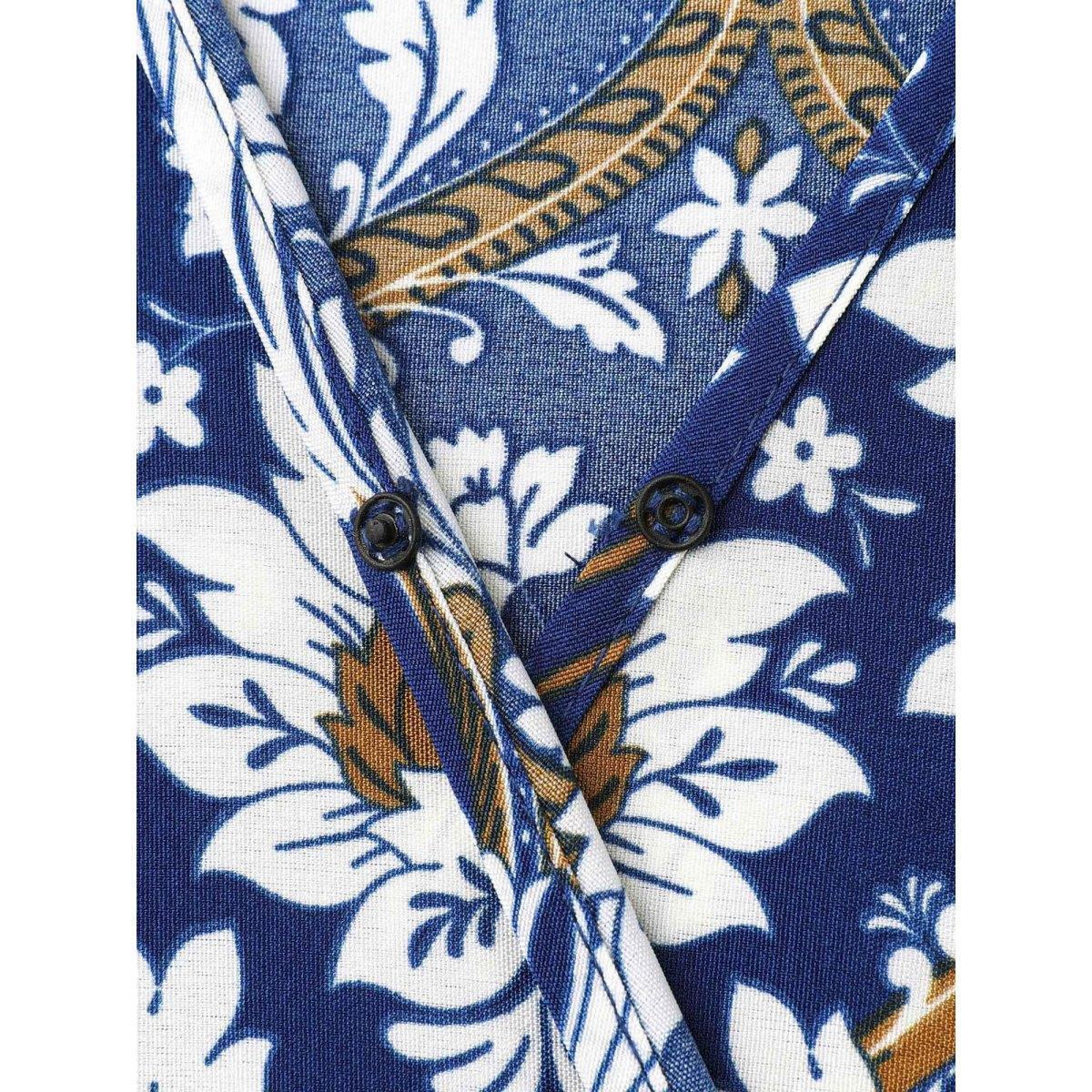 Plus Size Boho Print Shirred Surplice Neck Midi Dress DarkBlue Women Resort Non Overlap Collar Half Sleeve Curvy BloomChic 12/L Product Image