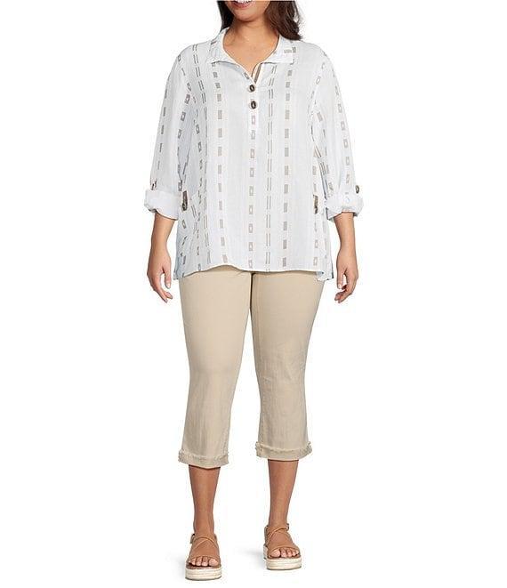 Ali Miles Plus Size Stripe Dotted Geometric Wire Collar 3/4 Roll-Tab Sleeve Tunic Product Image