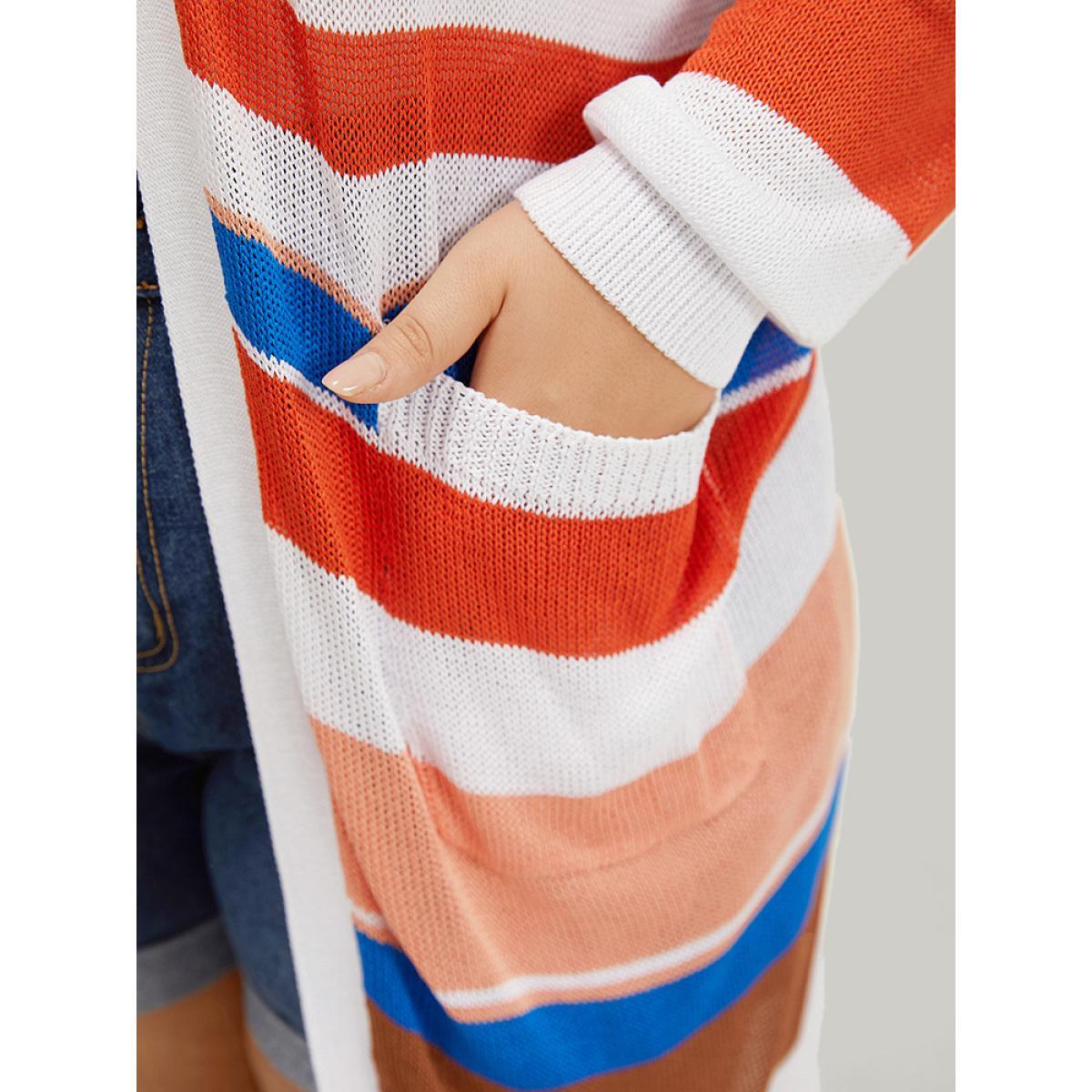 Plus Size Colorblock Contrast Pocket Tunic Open Front Cardigan Multicolor Women Casual Loose Long Sleeve Dailywear Cardigans BloomChic 18-20/2X Product Image