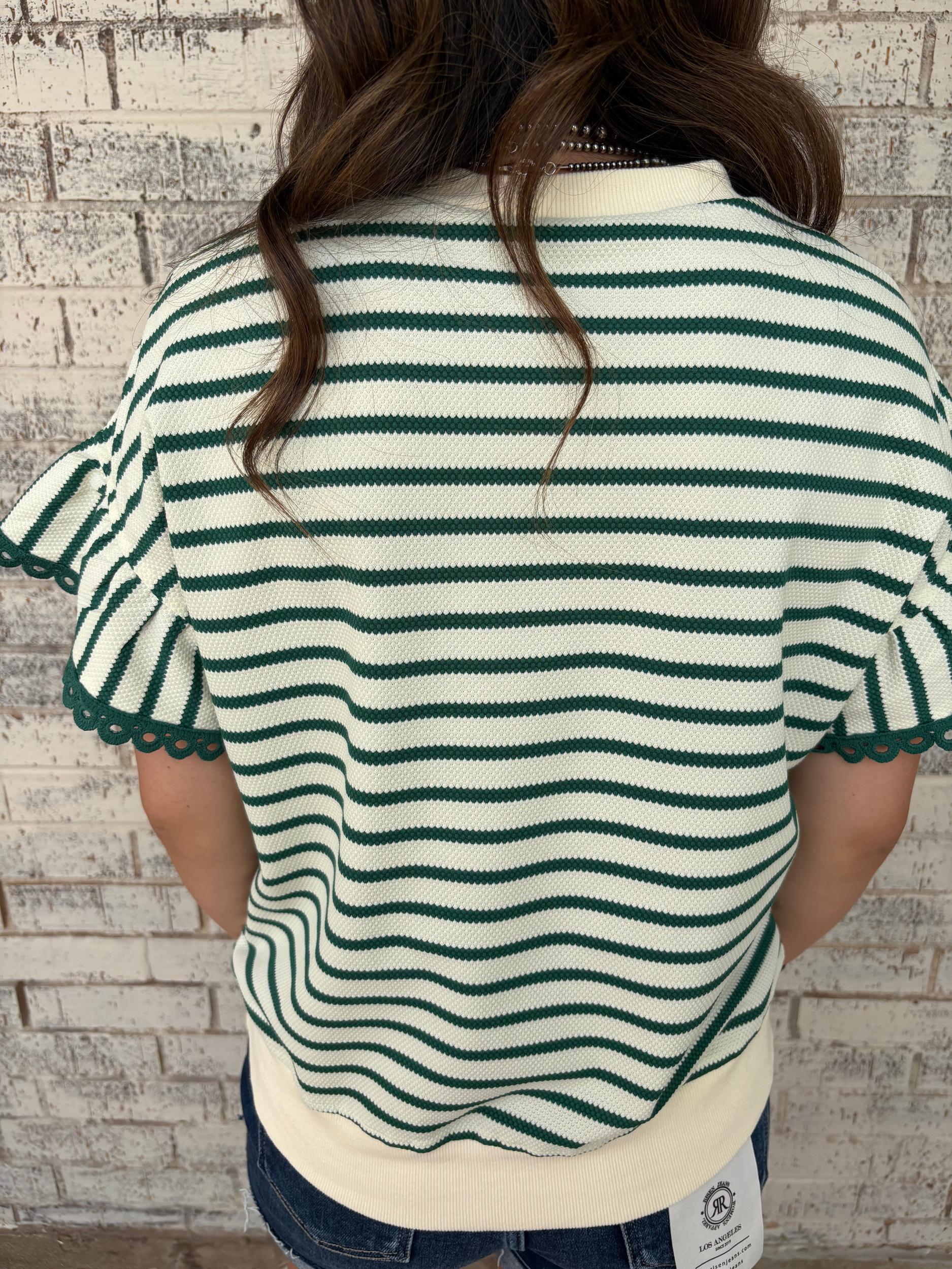 Green Stripe Scallop Lace Trim Ruffle Crewneck Top Product Image