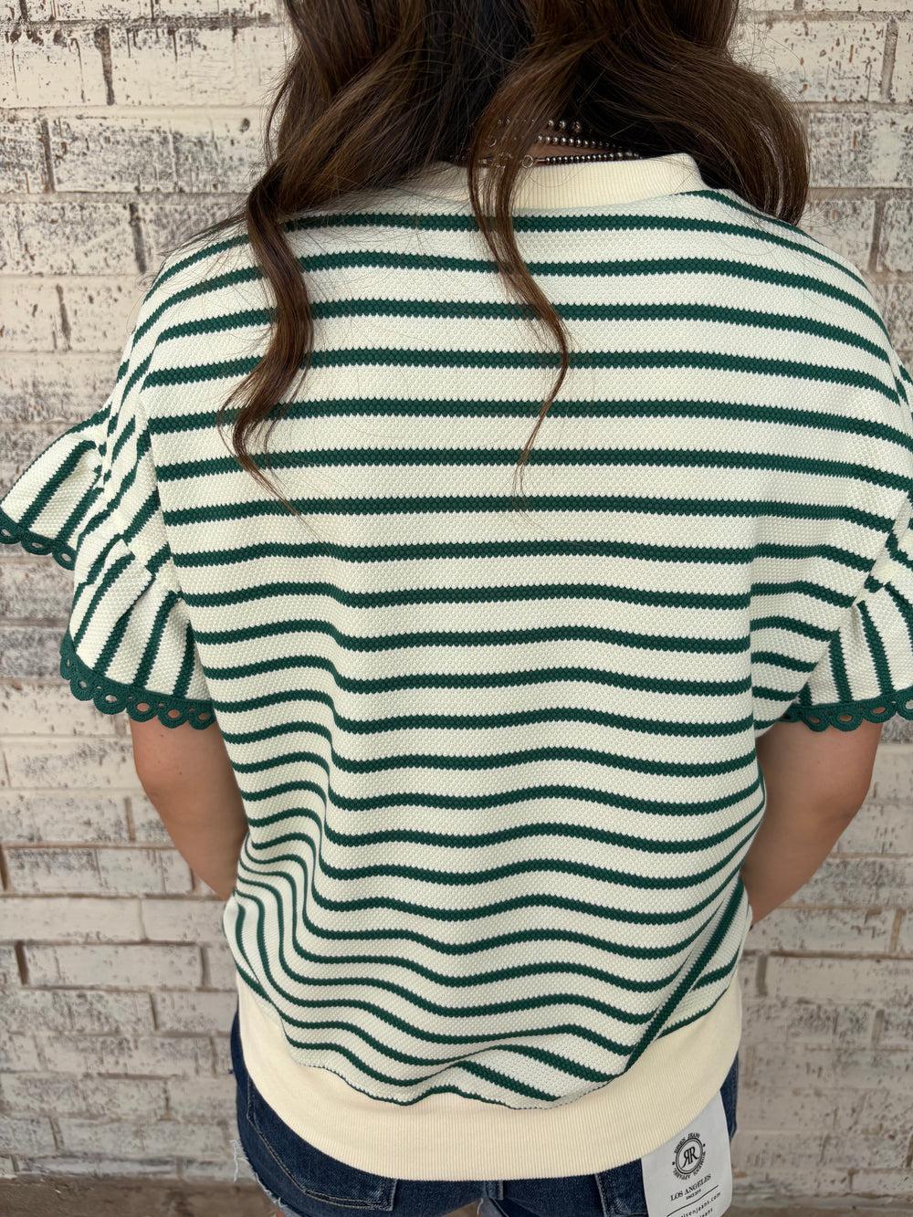 Green Stripe Scallop Lace Trim Ruffle Crewneck Top Product Image