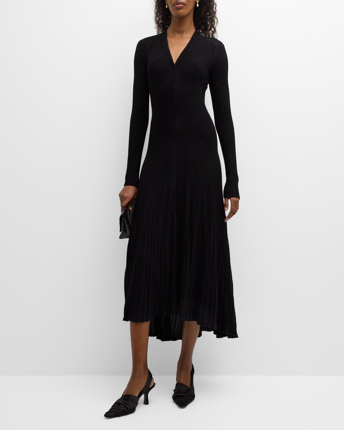 Womens Pleated Ribbed-Knit Midi-Dress Product Image