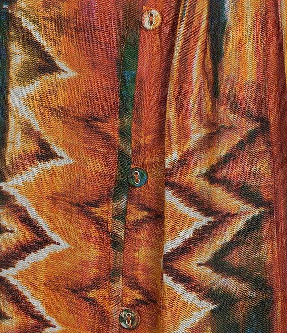 Intro Plus Size Crinkle Gauze Ikat Print Crew Neck 3/4 Sleeve Smocked Detail Button Front Blouse Product Image