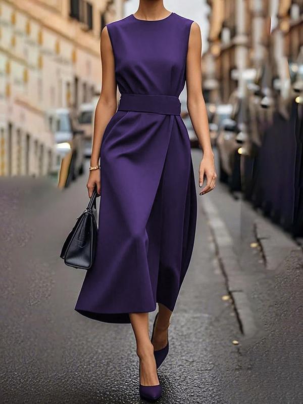 High Waisted Loose Pleated Solid Color Round-Neck Midi Dresses Product Image