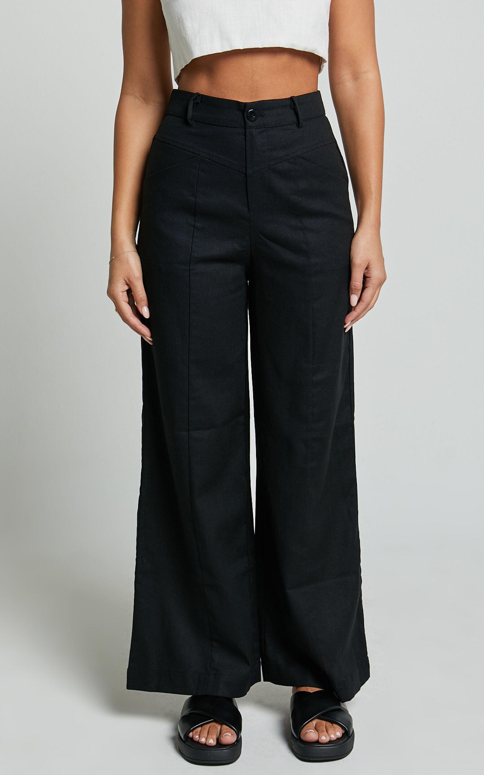 Skye Pants - Linen High Waisted Seam Detail Pants in Black Product Image