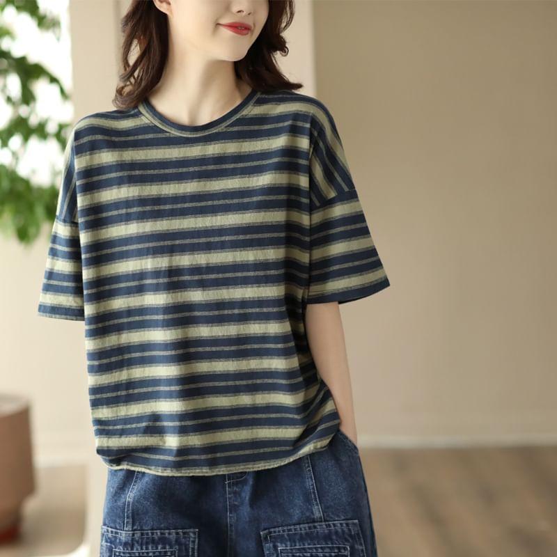 Elbow-Sleeve Crew Neck Striped T-Shirt Product Image