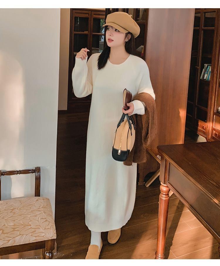 Long Sleeve Round Neck Plain Knit Midi A-Line Dress Product Image