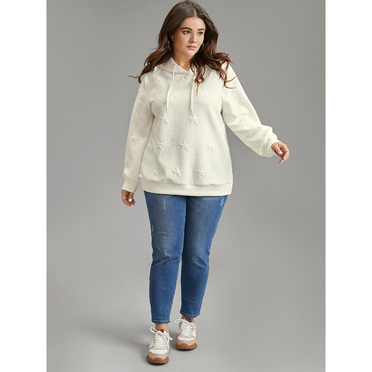 Plus Size Plain Star Jacquard Hooded Sweatshirt Women White Casual Plain Hooded Dailywear Sweatshirts BloomChic 22-24/3X Product Image